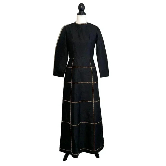 Vintage 1960s Black Gold Beaded Maxi Gown Dress Rhinestone Crystal Textured XS S - Picture 1 of 12